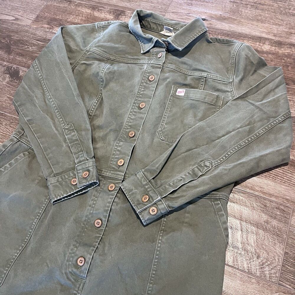 Duluth Trading Dress Women’s Maker Studio XL Olive Green Denim Pockets Button Up